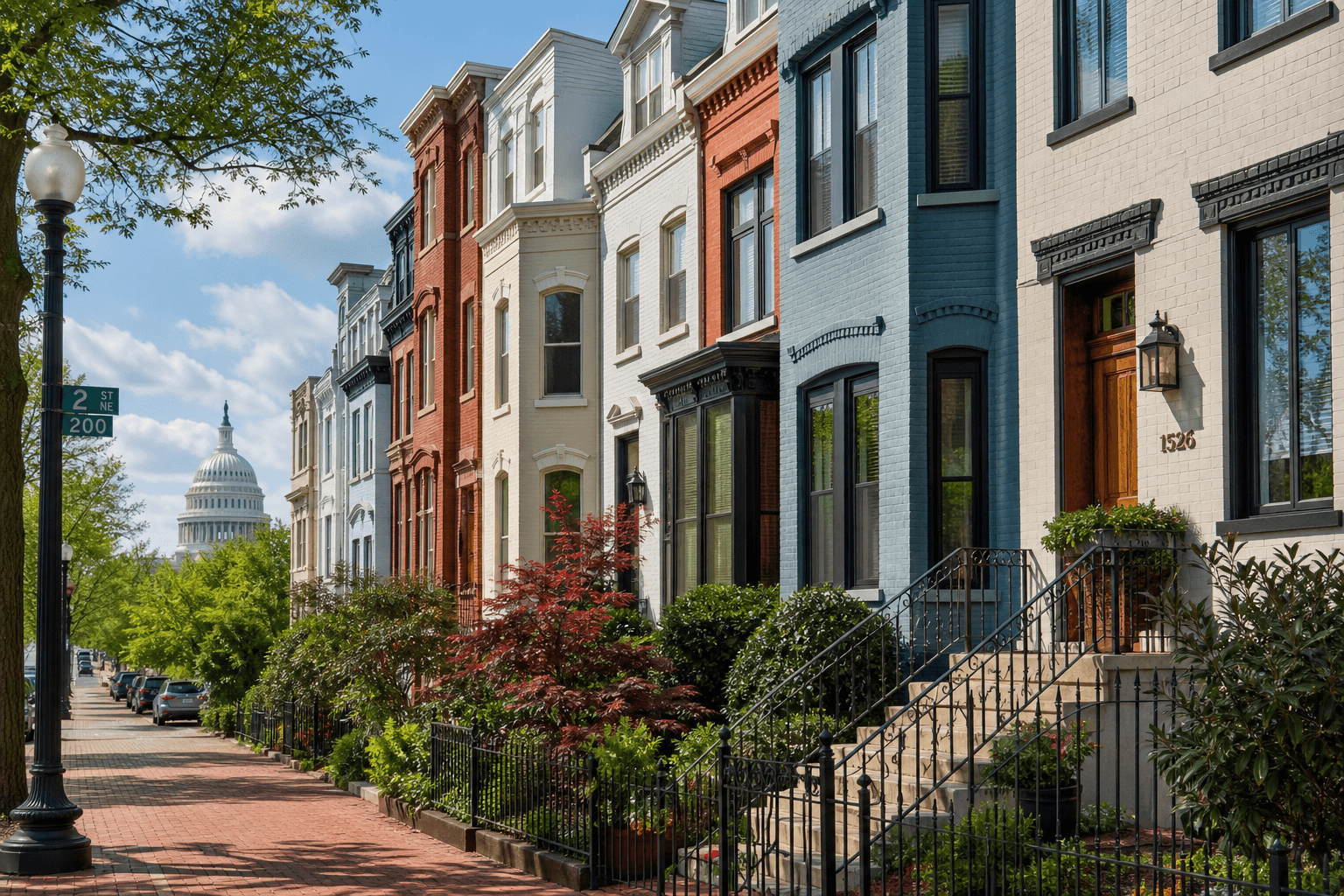 A row of colorful historic rowhouses on a tree-lined DC street with the Capitol dome visible in the distance
