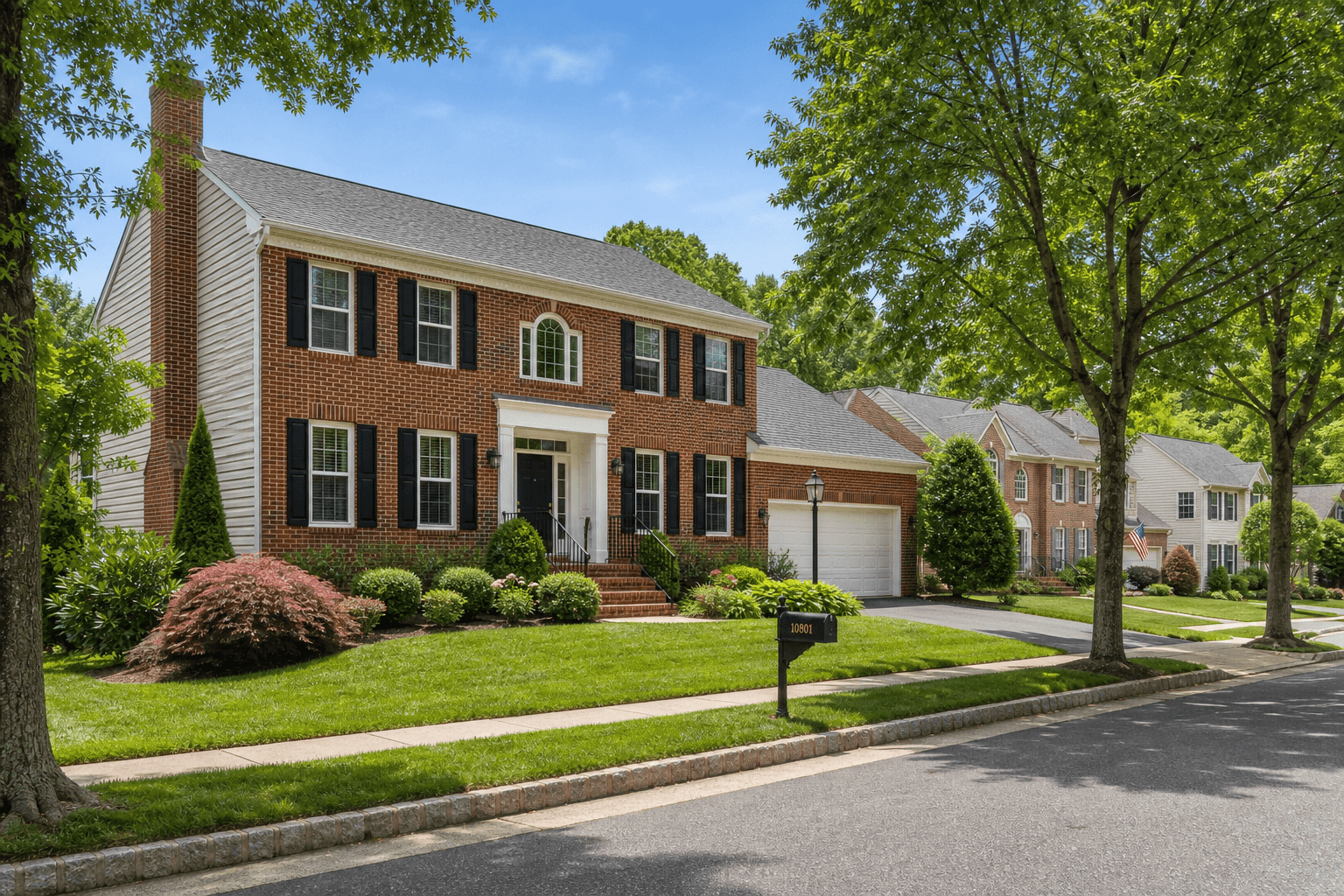 A brick colonial-style suburban home on a leafy Northern Virginia street