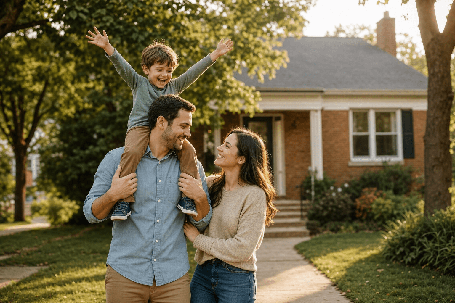 A smiling couple in front of their home, their young son laughing on his father's shoulders